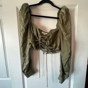 Elegant Olive Lace-Up Blouse with Puff Sleeves